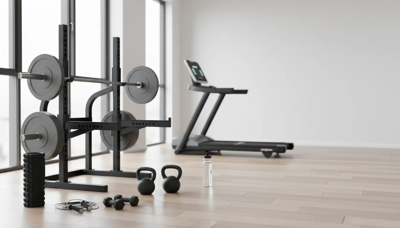 fitnessfloor-blog518745 Fitnessstudio mit Hanteln und Laufbändern im hellen Raum.