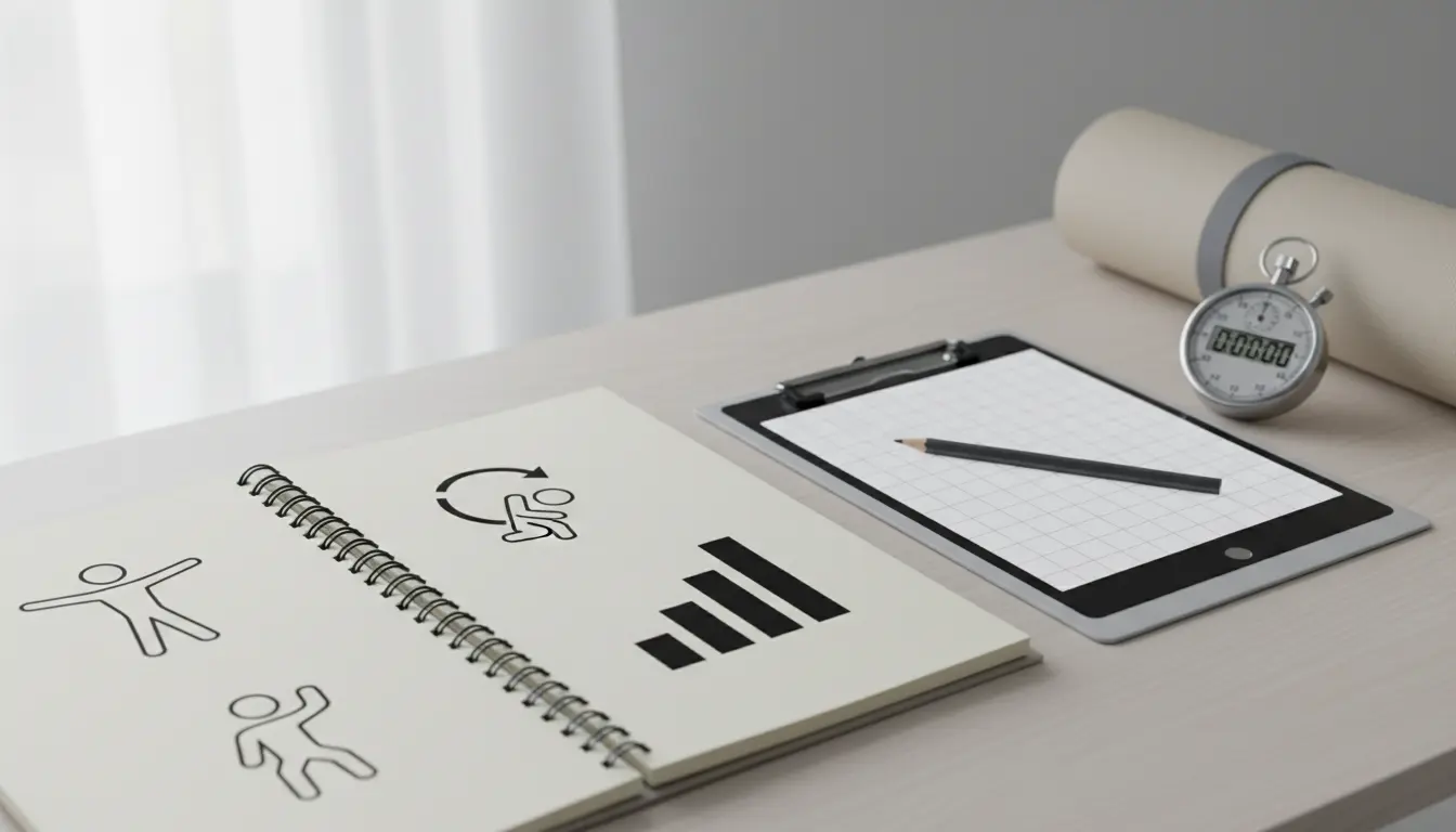 Notizbuch mit Fitnessstudio-Icons, Stoppuhr und Trainingsplan