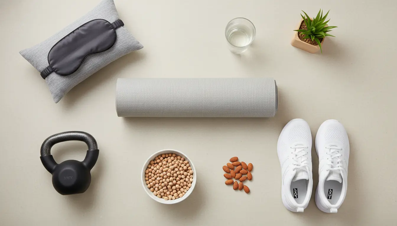 fitnessfloor-blog56499 Fitnessstudio-Ausrüstung: Matte, Kettlebell, Sneaker, Snack.