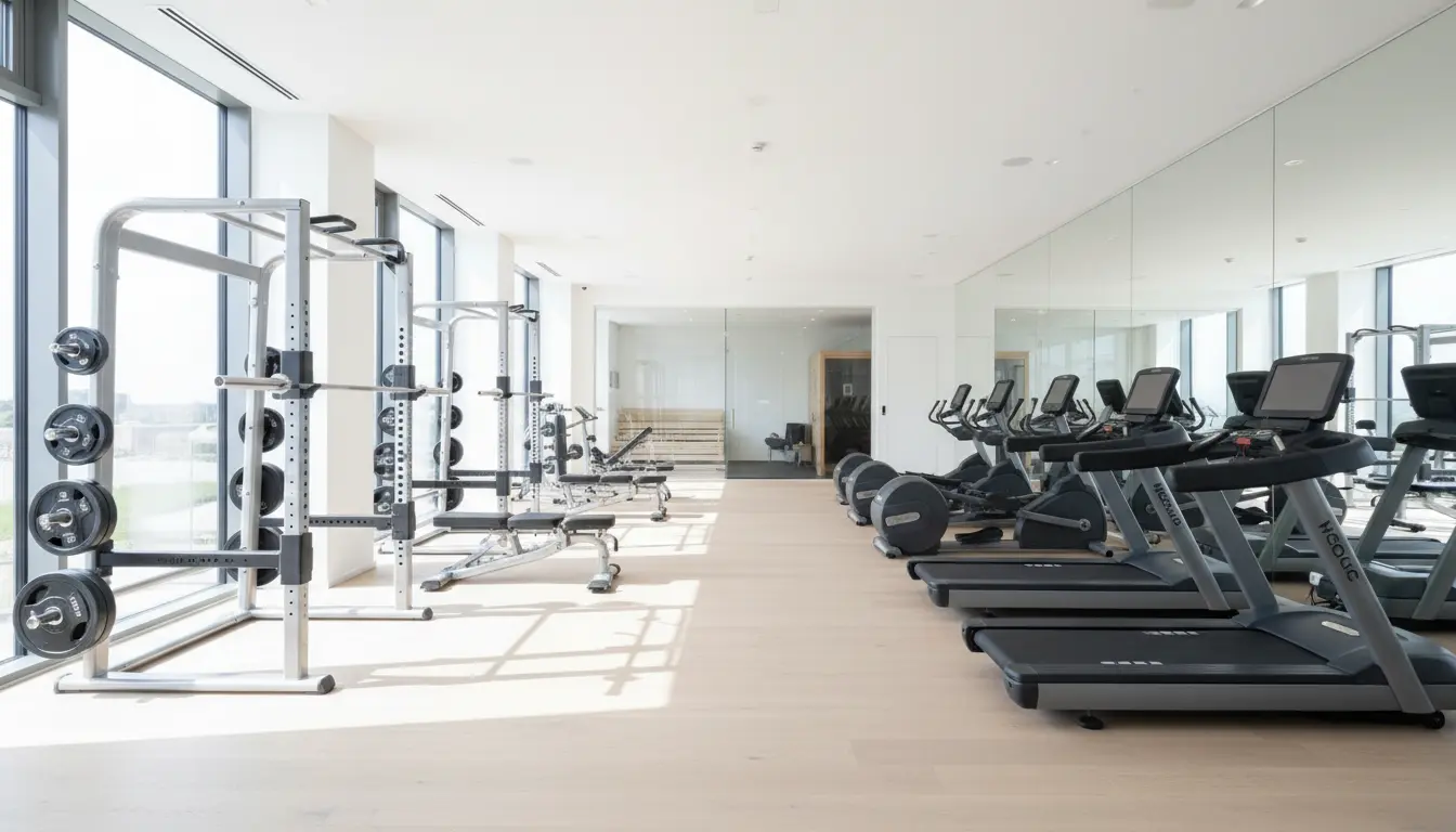 Fitnessstudio mit freien Gewichten und Laufbändern, helles Ambiente.