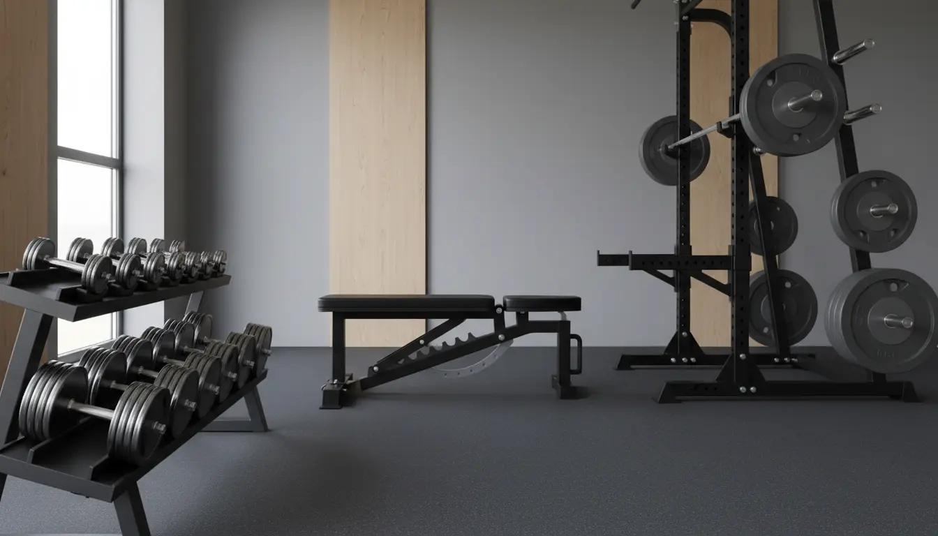 fitnessfloor-blog752861 Fitnessstudio in München: Hanteln, Bank und Kraftstationen.