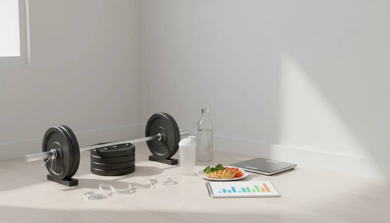 Fitnessstudio-Setup im Zimmer mit Langhantel und Gewichten.