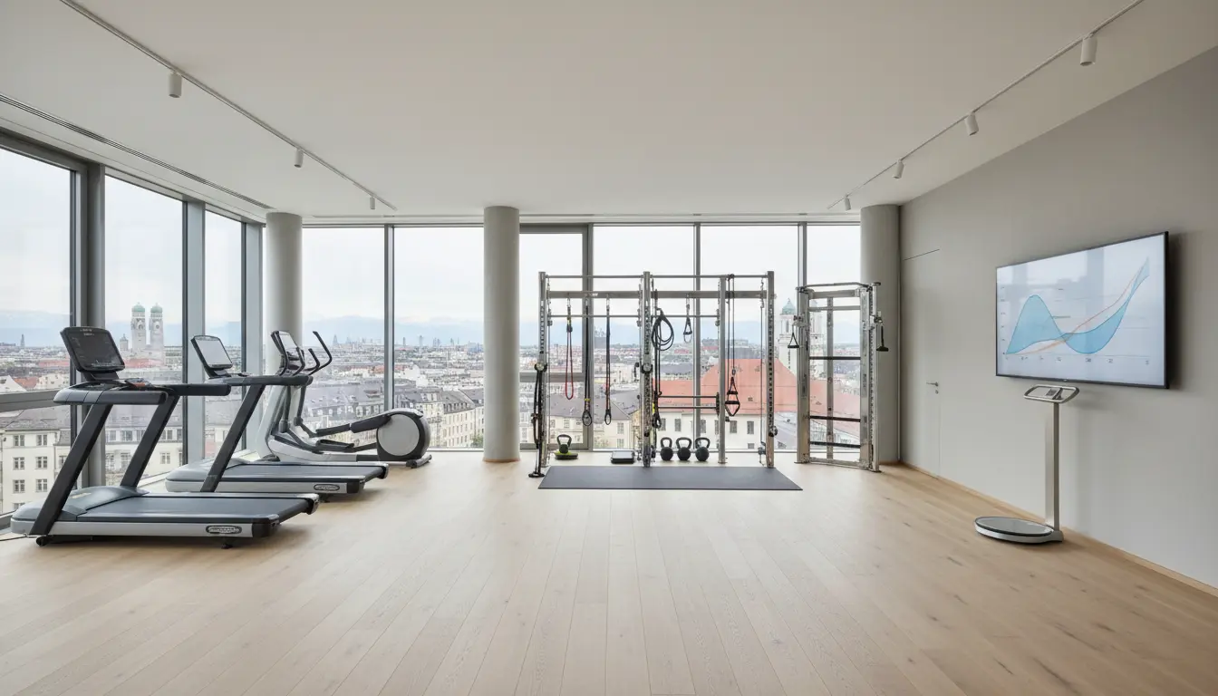 Fitnessstudio in München mit Blick über die Stadt.