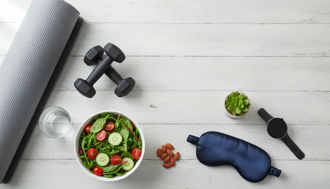 fitnessfloor-blog781152 Fitnessstudio-Setup mit Salat, Hanteln, Yogamatte, Smartwatch