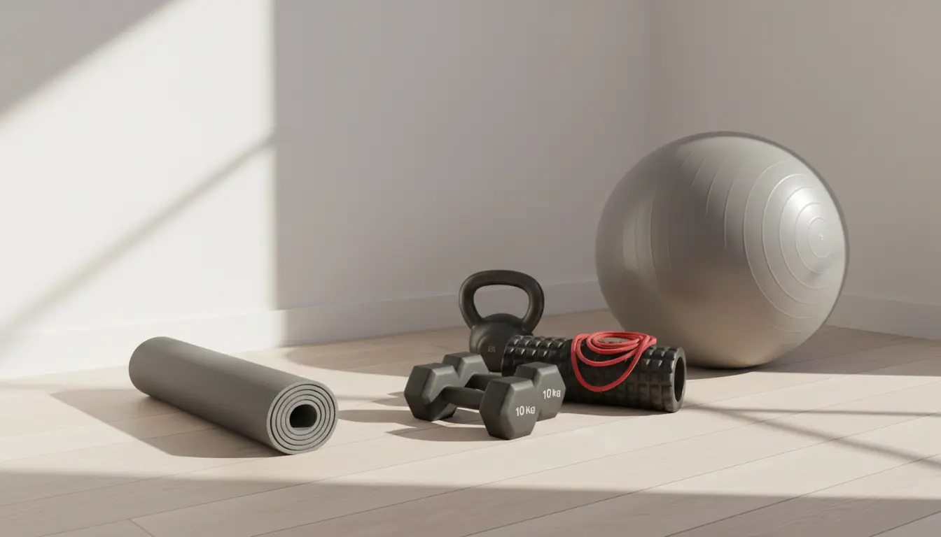 Fitnessstudio-Ausrüstung im hellen Raum: Matte, Hanteln, Ball.