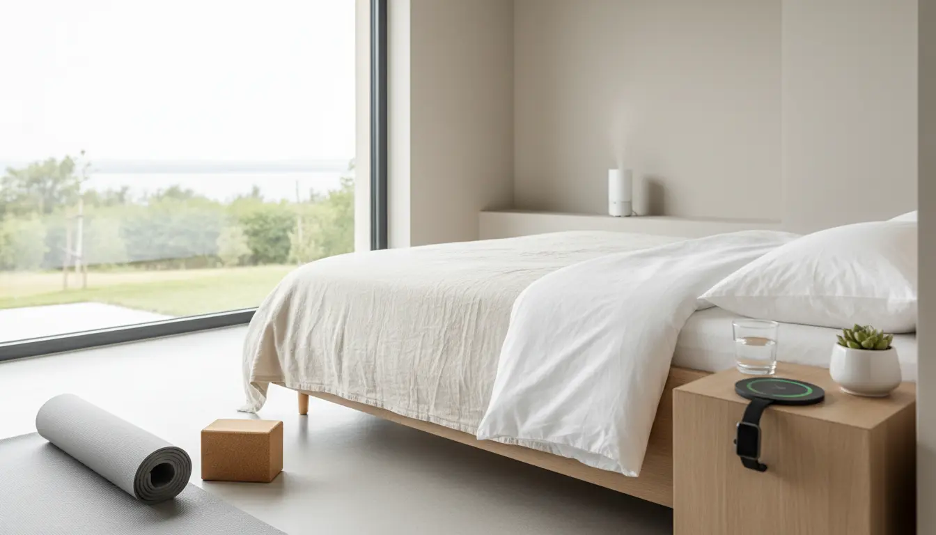fitnessfloor-blog874151 Helles Schlafzimmer mit großer Fensterfront und Bett.