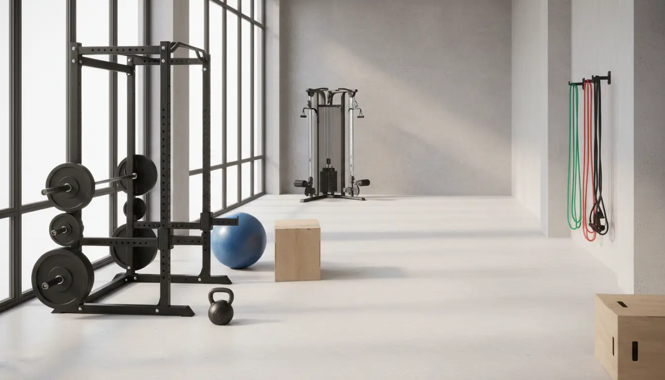 Fitnessstudio: modernes Sportstudio mit Gewichten und Bällen.