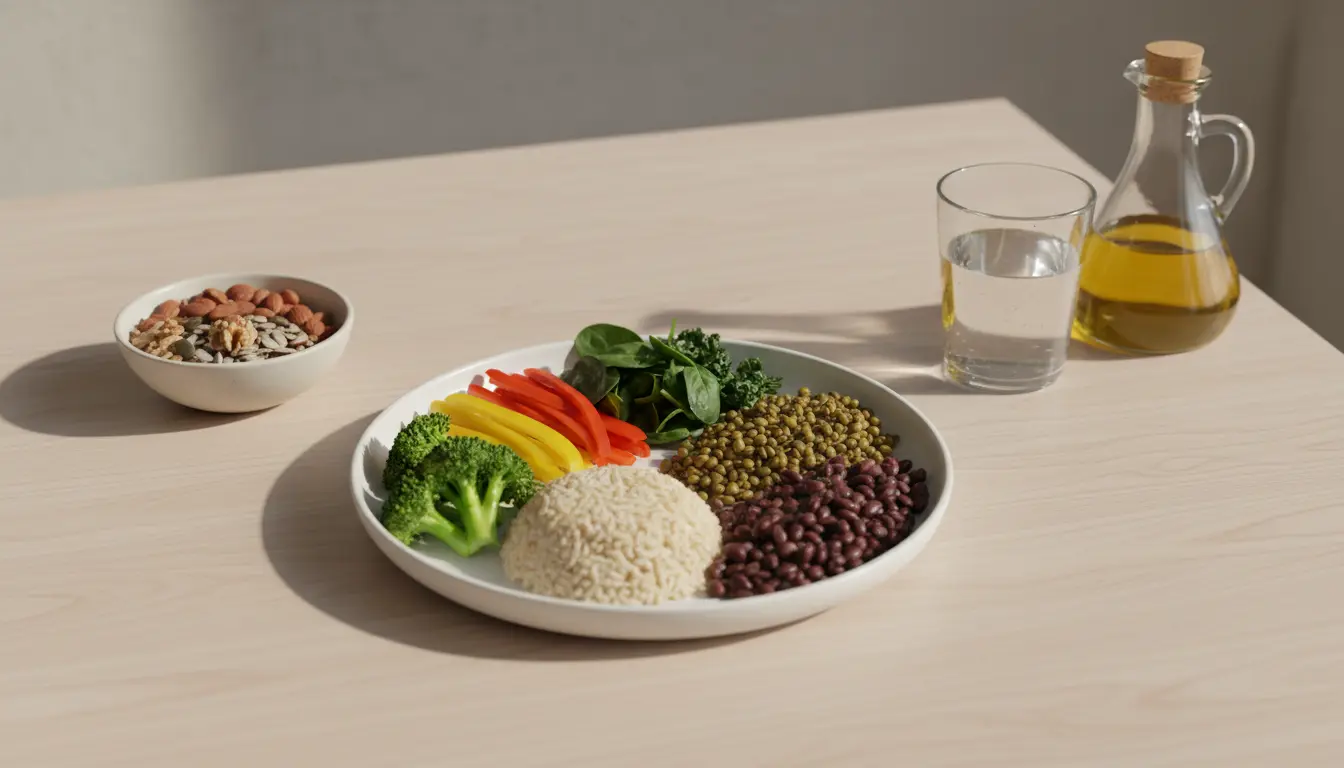 Bunte Gemüseplatte mit Reis, Bohnen und Olivenöl.