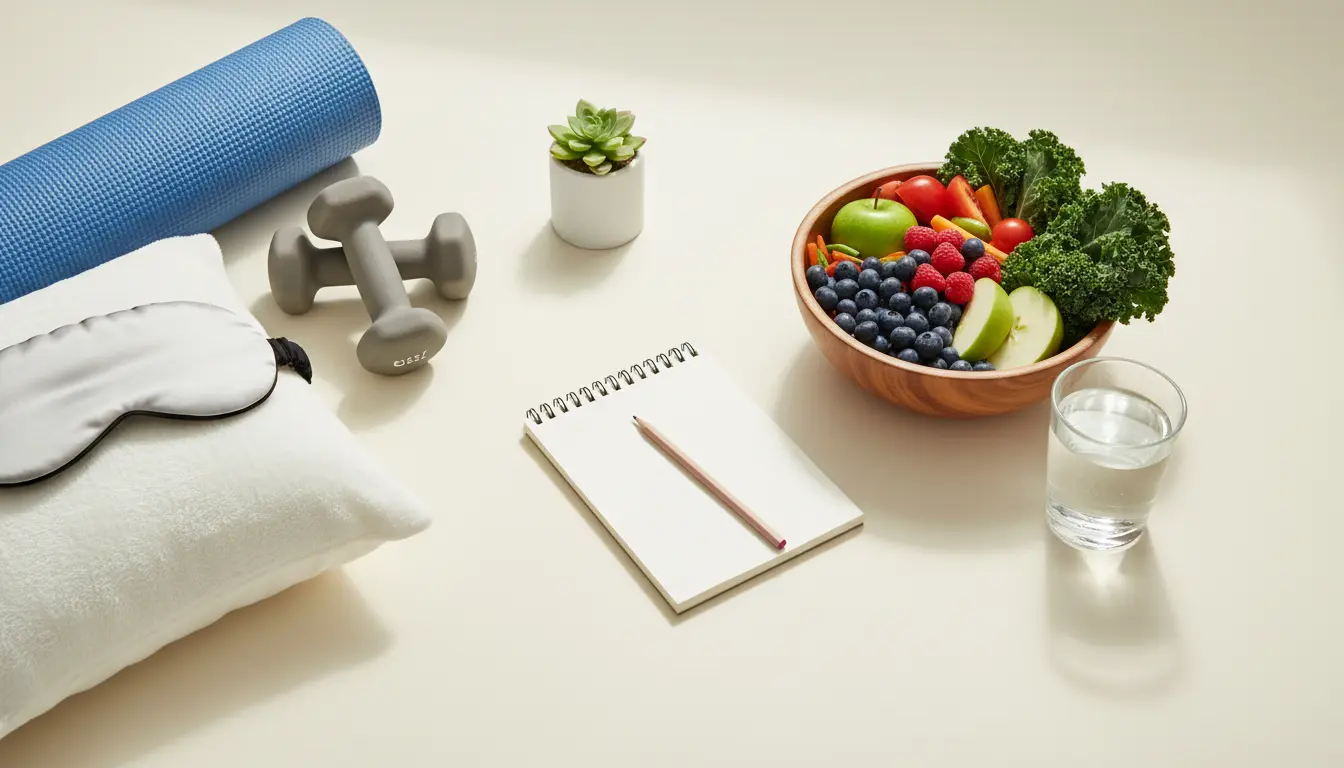 Fitnessstudio-Setup: Matte, Hanteln, Obstschüssel und Notizblock