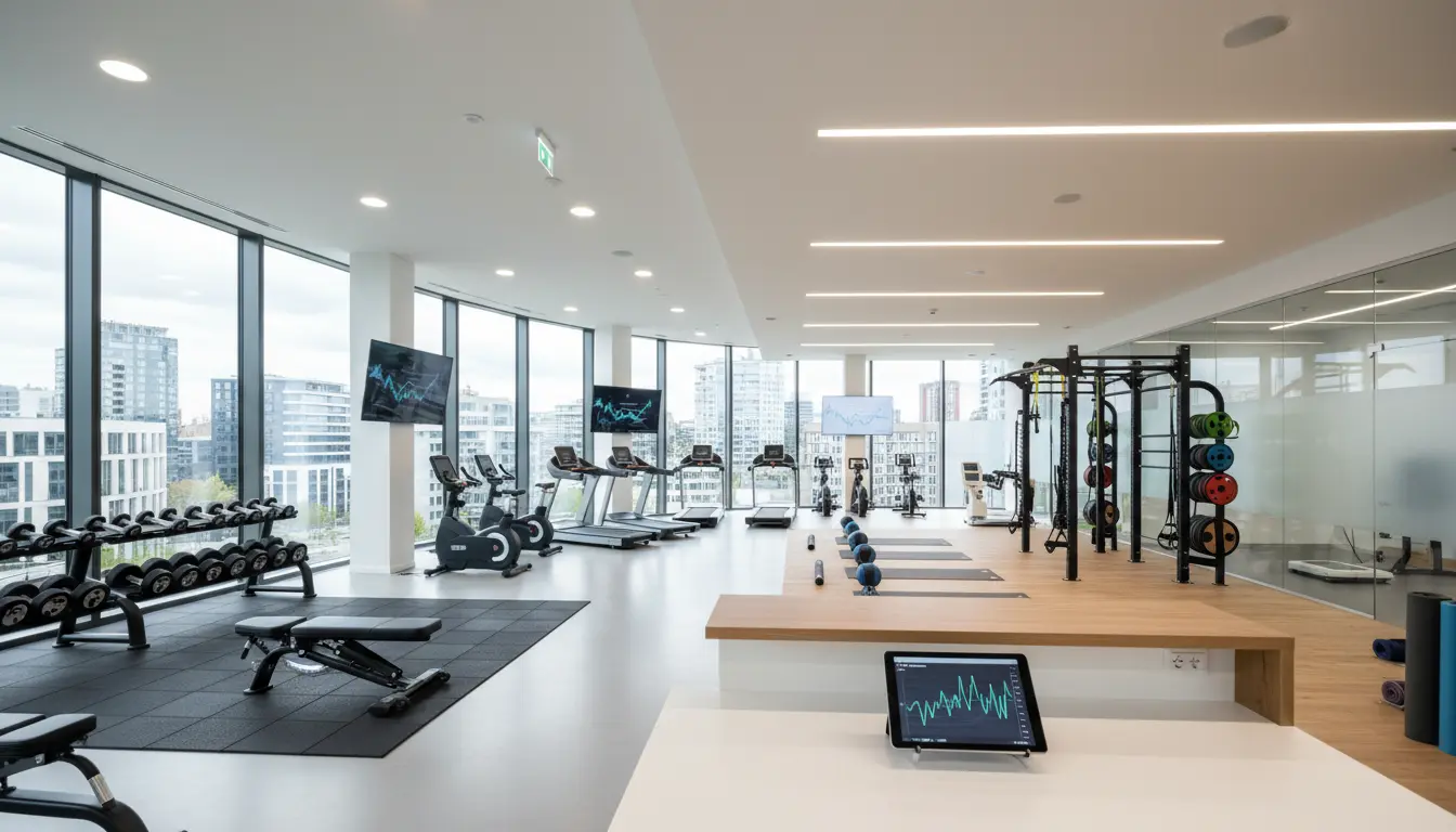 Fitnessstudio mit Cardio- und Freihantelbereich, München.