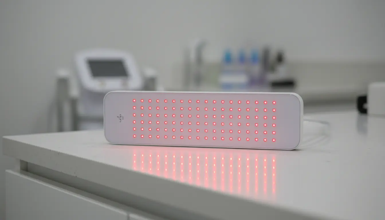 Kleines rotes LED-Lichtpanel auf weißem Tisch.