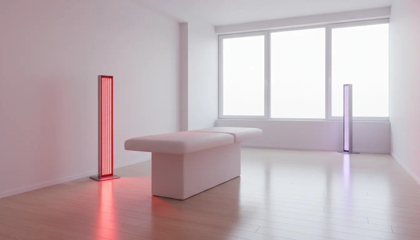 Leeres Fitnessstudio mit Massagetisch und LED-Lichtern