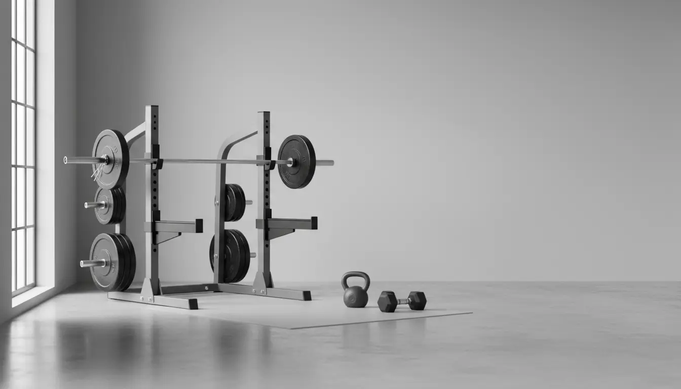 fitnessfloor-blog323258 Fitnessstudio-Setup mit Langhantel, Scheiben und Kettlebell.