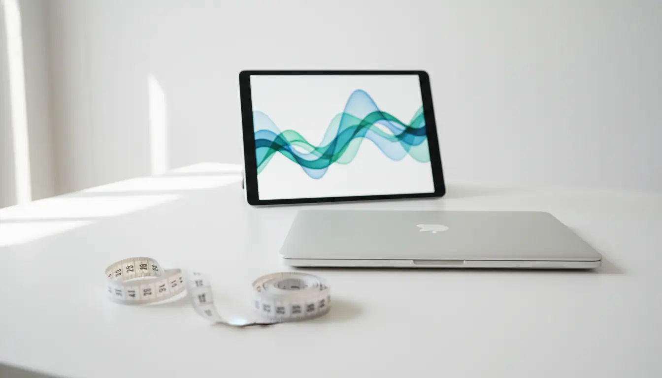 Tablet zeigt Farbwellen, Laptop daneben, Maßband – Fitnessstudio.