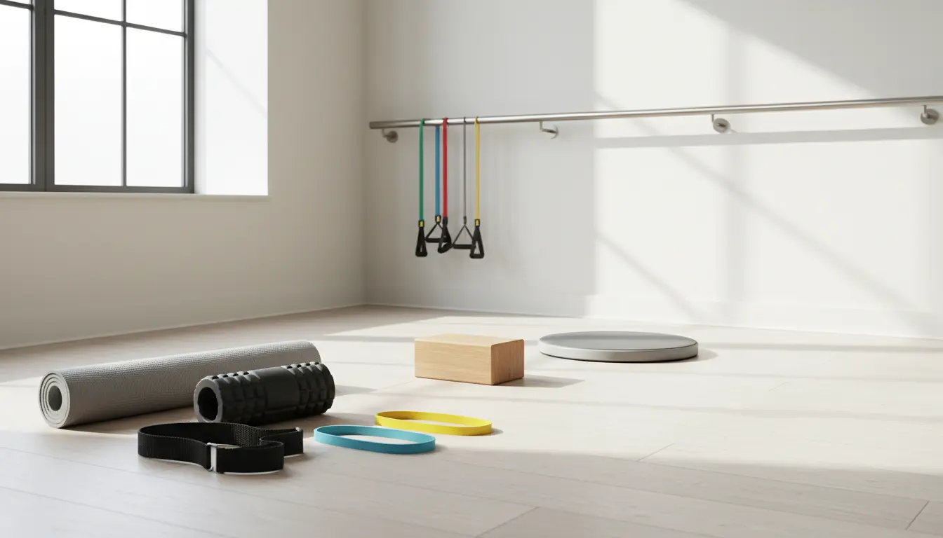 Helles Fitnessstudio mit Yogamatte, Bändern und Holzblock.