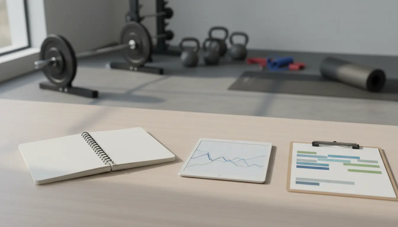 fitnessfloor-blog375953 Arbeitsplatz im Fitnessstudio mit Notizbuch und Diagrammen.