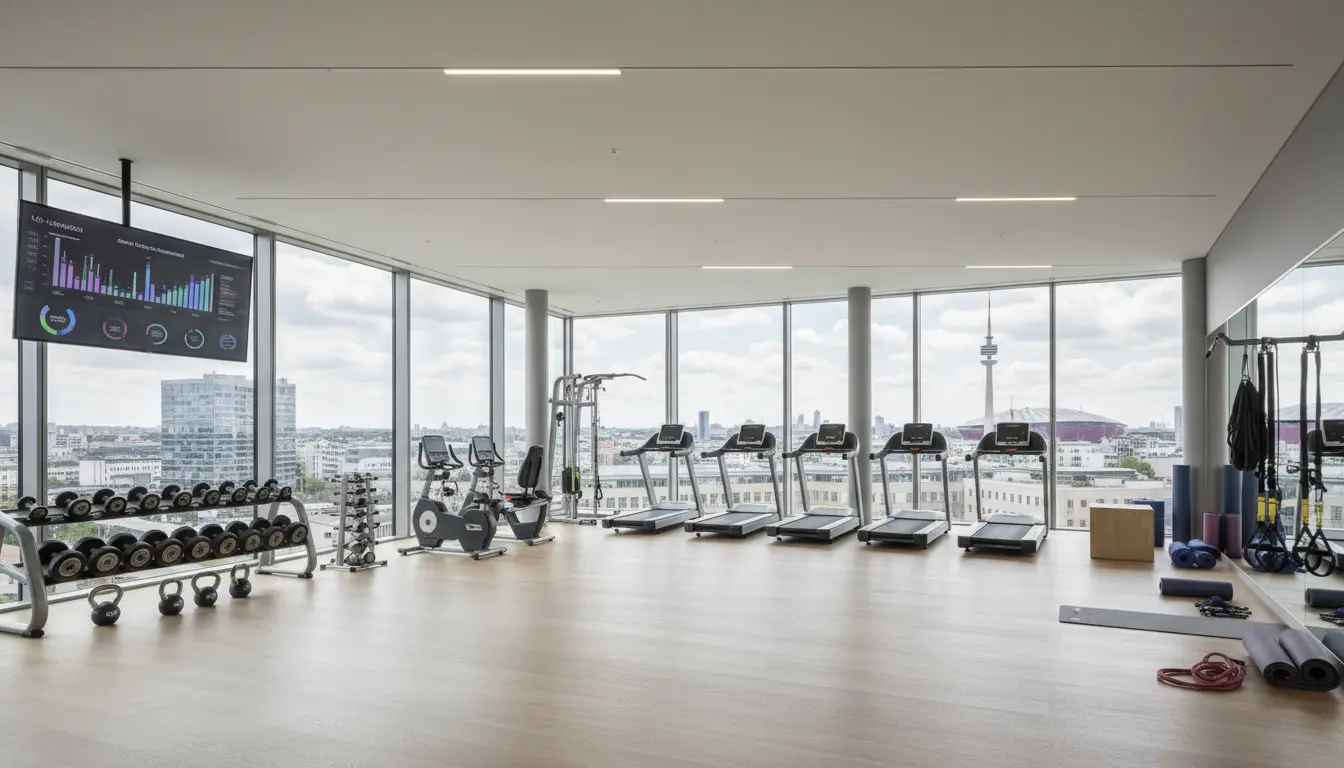 Fitnessstudio mit Laufbändern und Blick auf München.