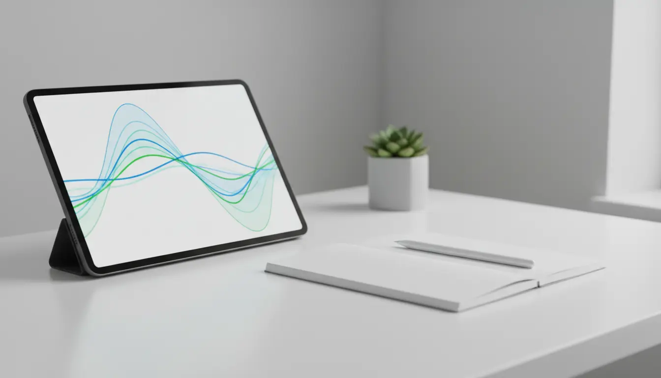 Tablet mit farbigen Wellen-Grafiken auf Schreibtisch.