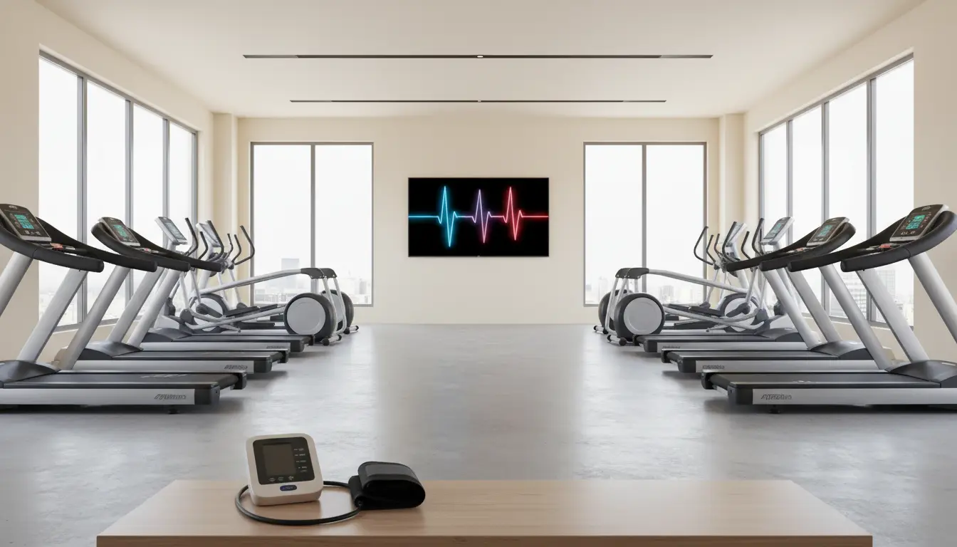 fitnessfloor-blog468526 Fitnessstudio mit Laufbändern und Herzmonitor an der Wand.