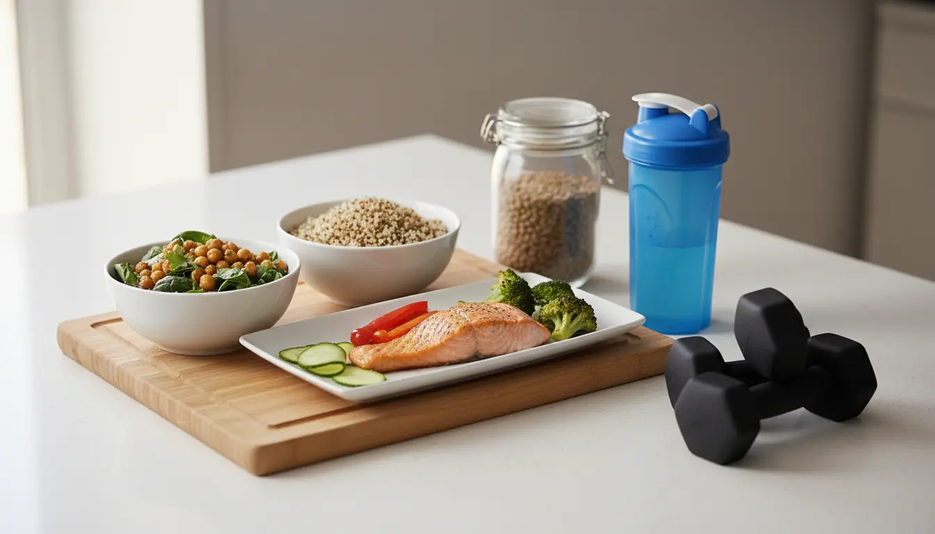 fitnessfloor-blog513837 Gesunde Mahlzeit mit Lachs, Salat und Hanteln im Fitnessstudio.