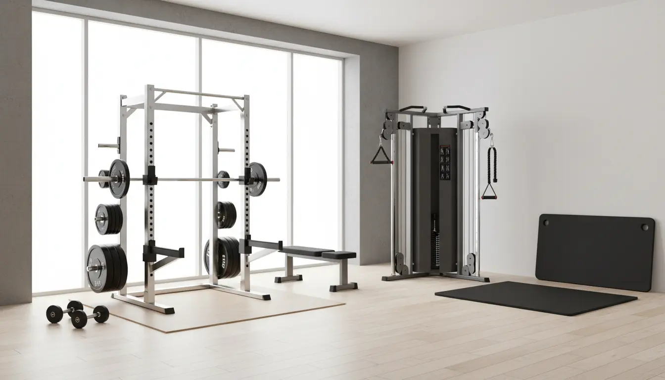 fitnessfloor-blog548710 Fitnessstudio mit Hantelbank, Langhantel und Gewichtsscheiben.