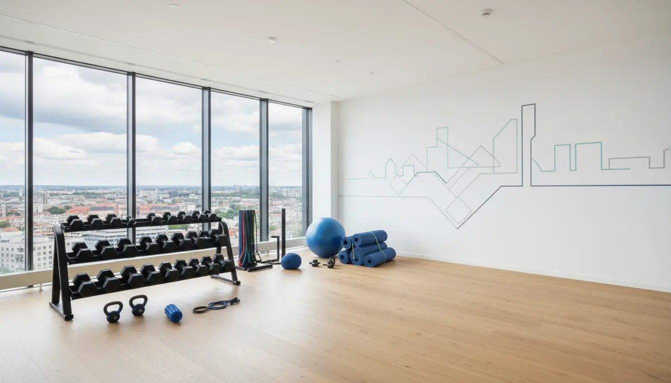 fitnessfloor-blog562127 Fitnessstudio mit Blick auf die Stadt und Trainingsgeräten