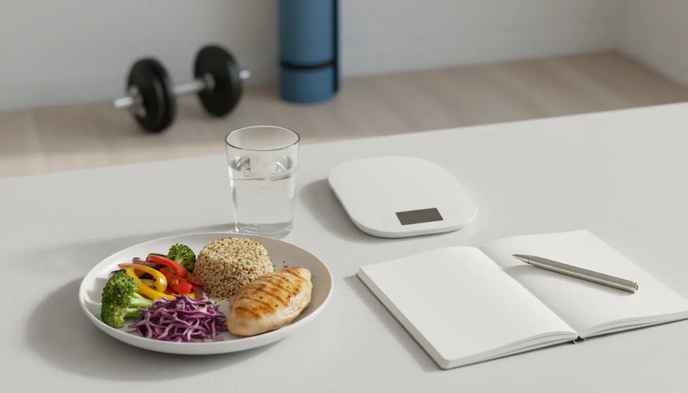 Gesunde Mahlzeit am Tisch vor Fitnessstudio-Equipment in München