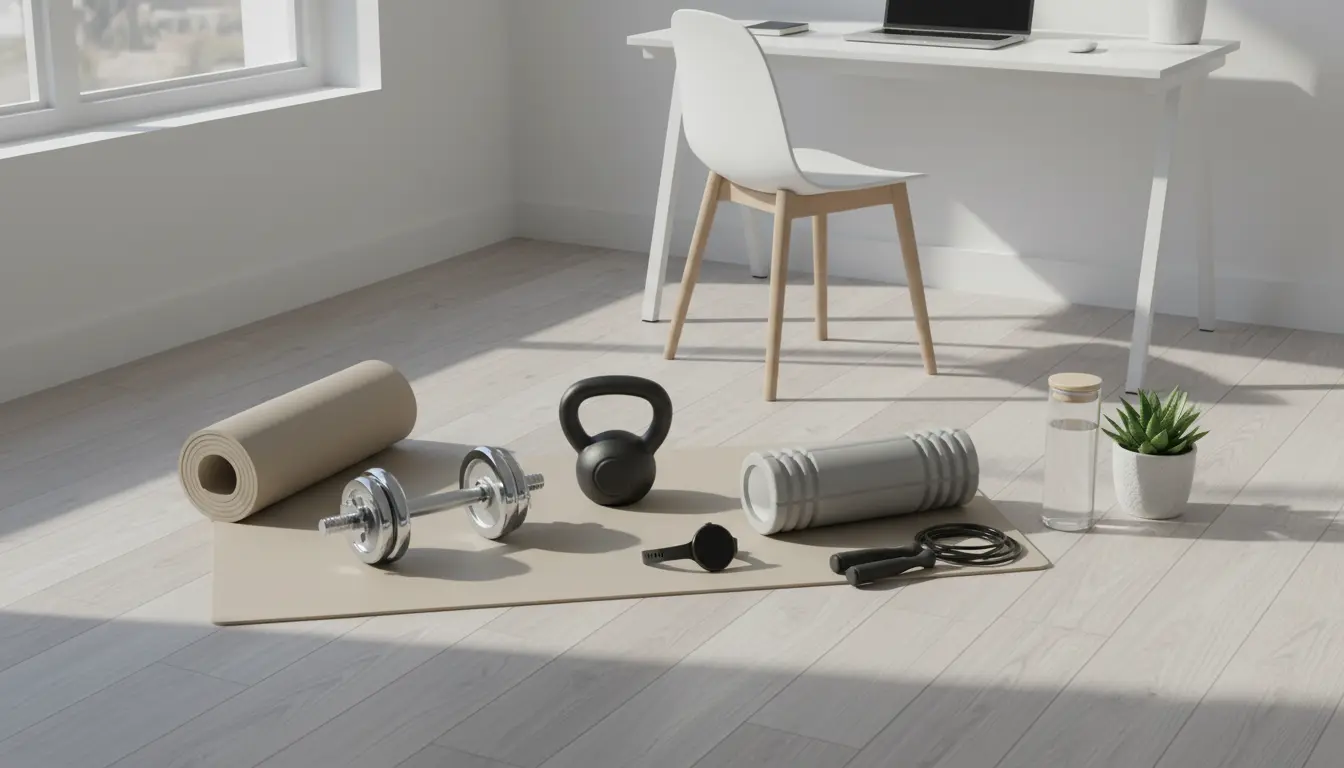 Heller Heim-Fitnessstudio Bereich mit Hanteln, Matte und Kettlebell.