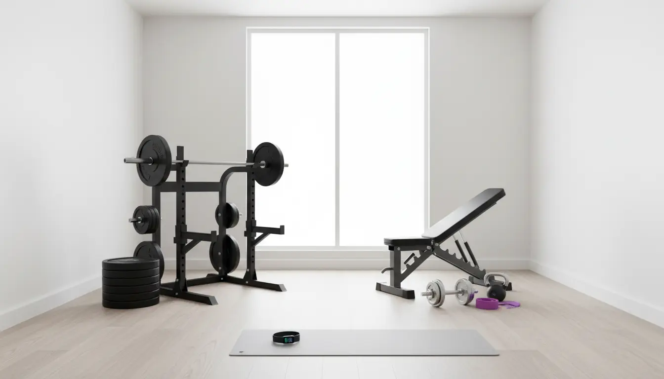 fitnessfloor-blog649992 Fitnessstudio-Setup mit Langhantelbank, Hanteln und Matte.