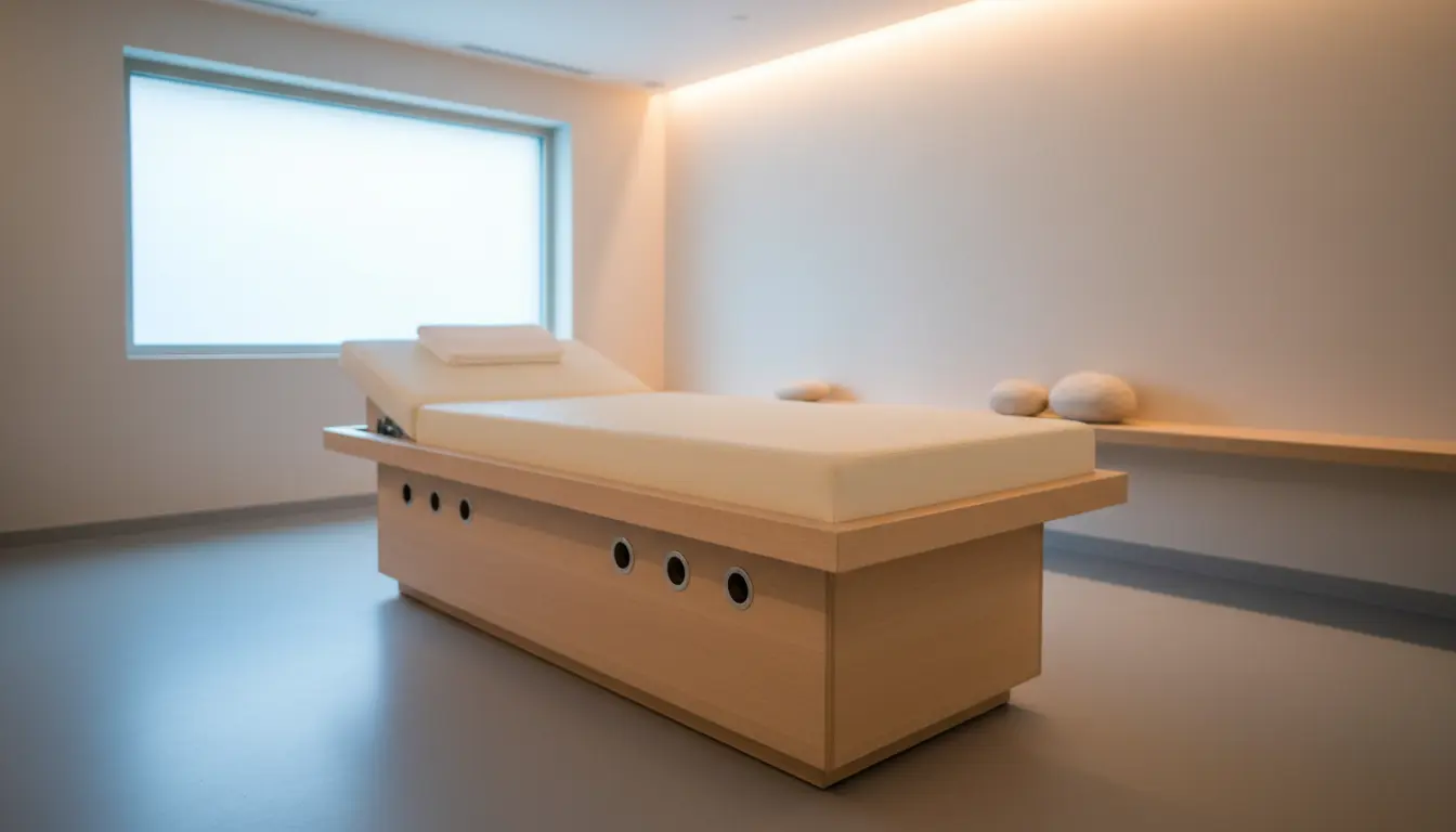 fitnessfloor-blog662033 Behandlungsliege im hellen Therapieraum mit Fenster.