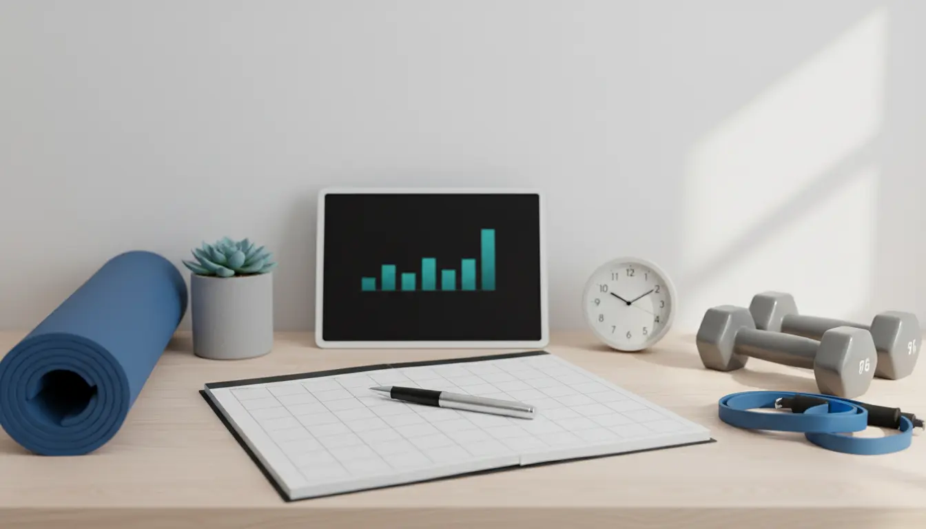 Arbeitsplatz mit Fitnessstudio-Ausrüstung, Tablet zeigt Diagramm.