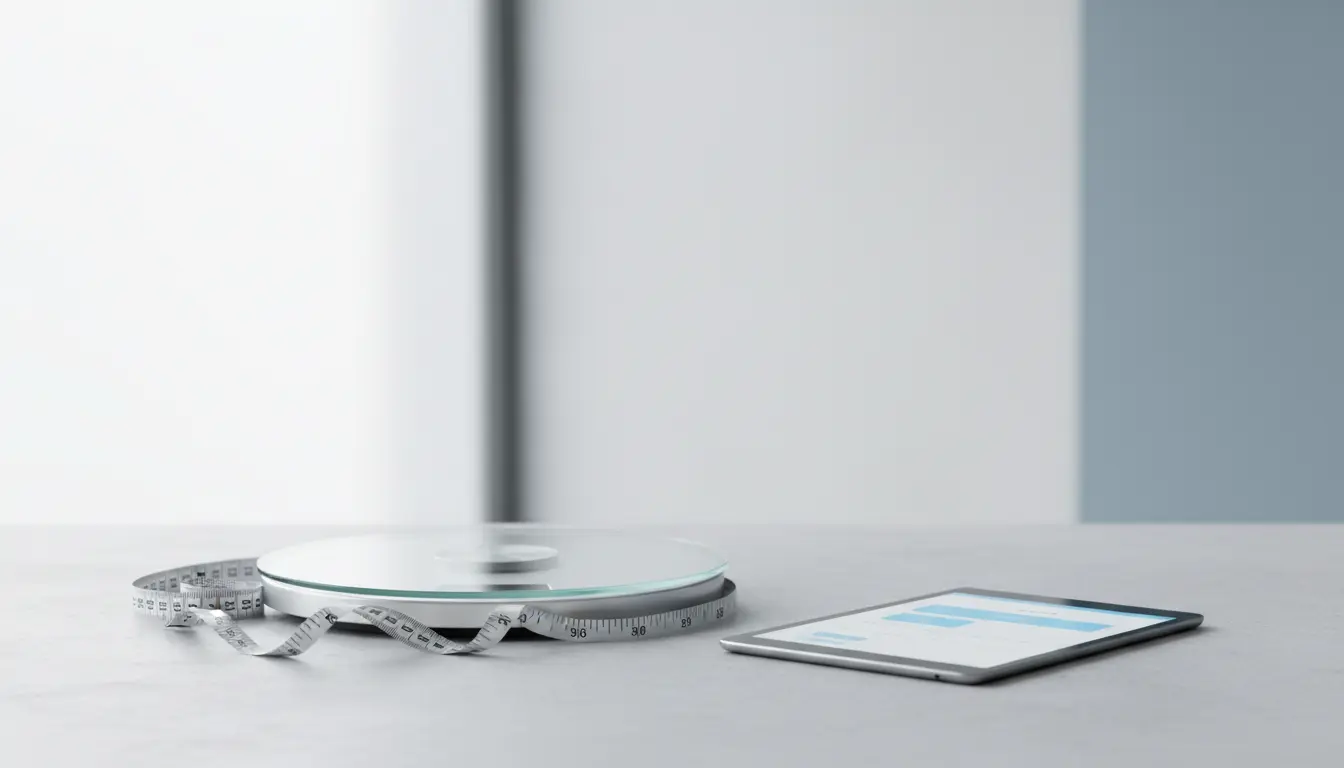 Fitnessstudio: digitale Waage, Maßband und Tablet