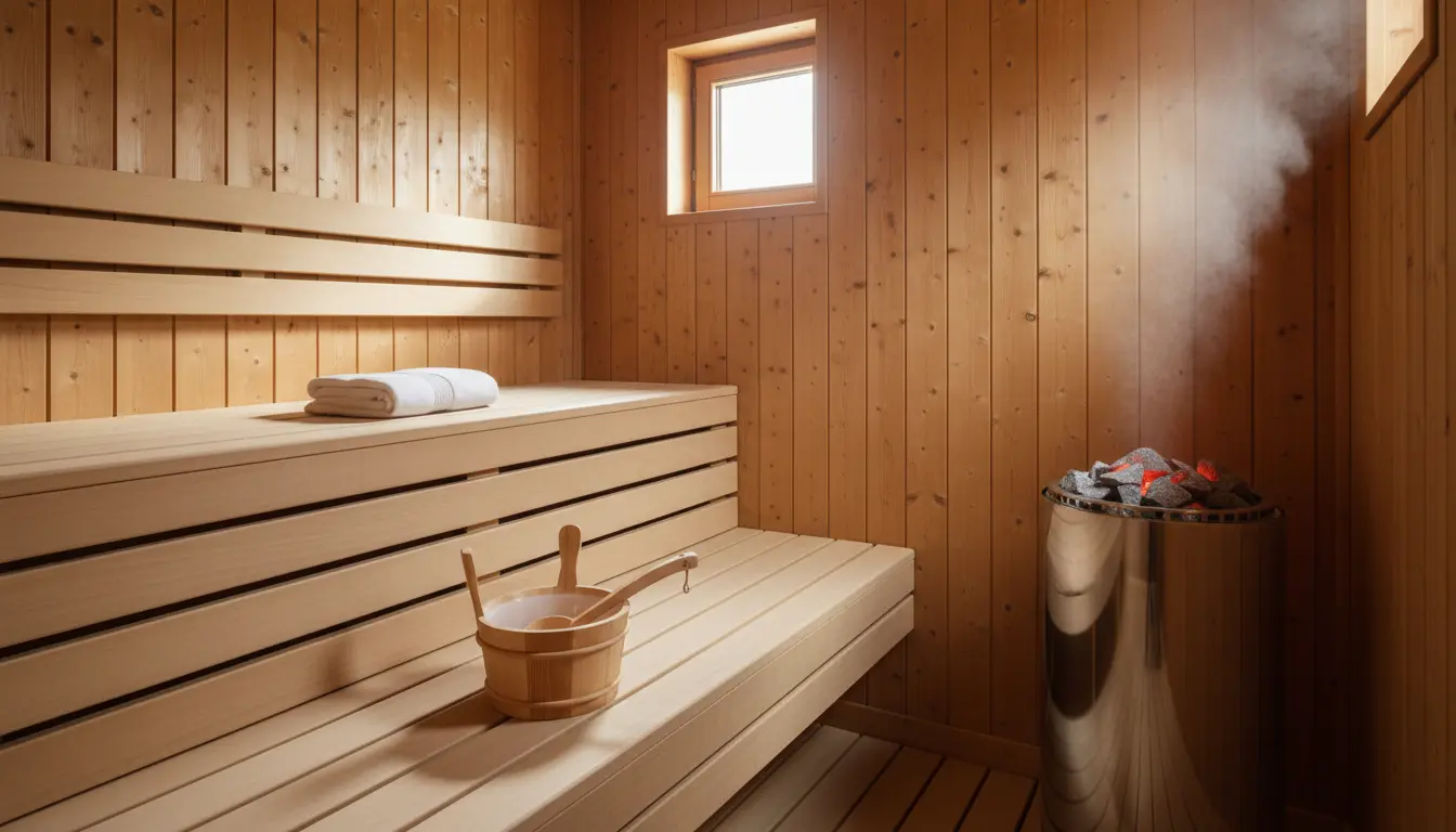 fitnessfloor-blog819304 Holzsauna im Sportstudio, Eimer und Steinheizung sichtbar.