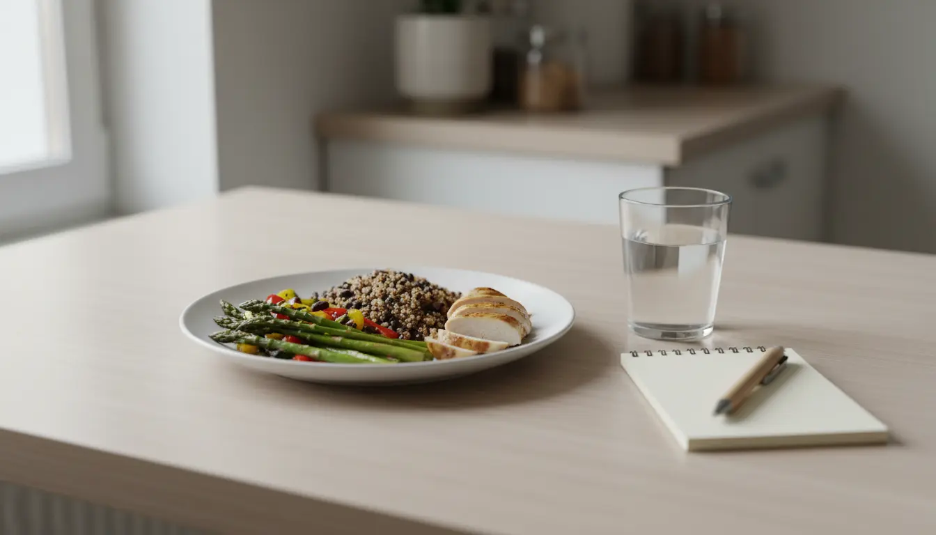 Gesundes Mittagessen auf dem Küchentisch, Glas Wasser.
