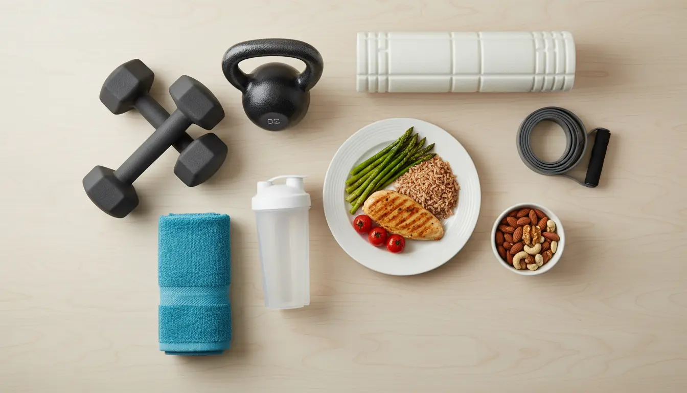 Fitnessstudio-Setup: Hanteln, Kettlebell, Shaker, gesunde Mahlzeit.