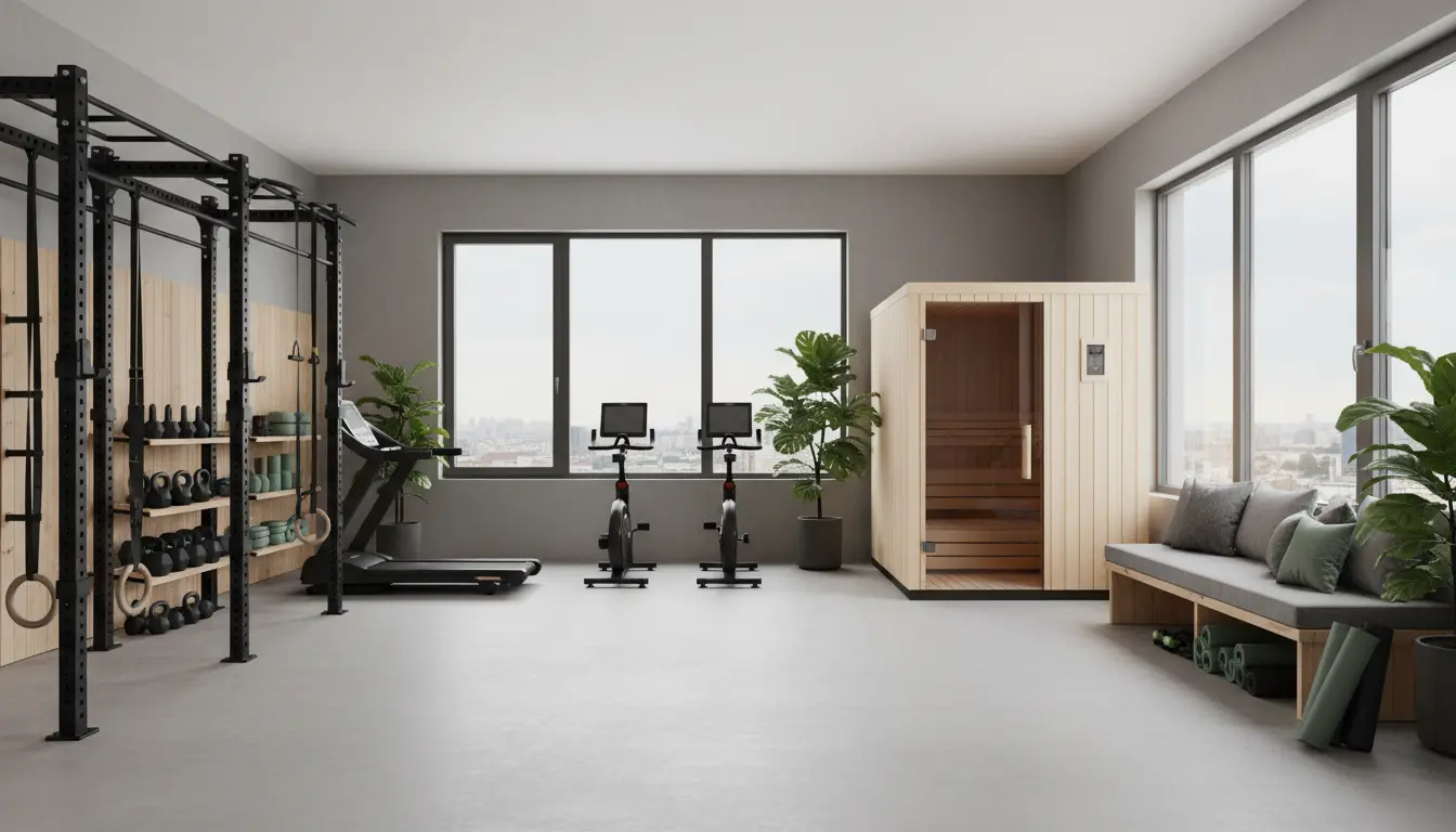 Fitnessstudio-ähnliches Sportstudio mit Sauna und Stadtblick.