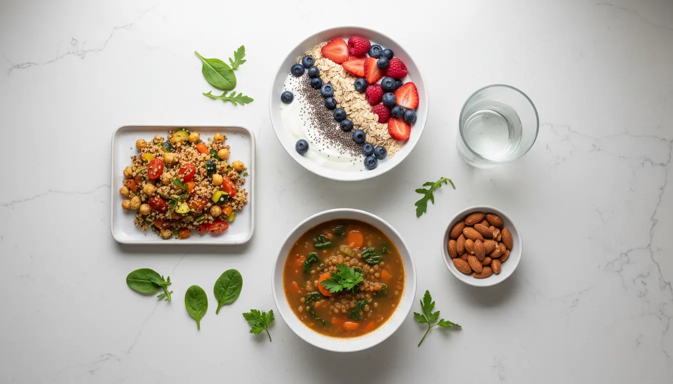 fitnessfloor-blog861465 Gesunde Schalen mit Obst, Nüssen und Suppe auf Marmortisch