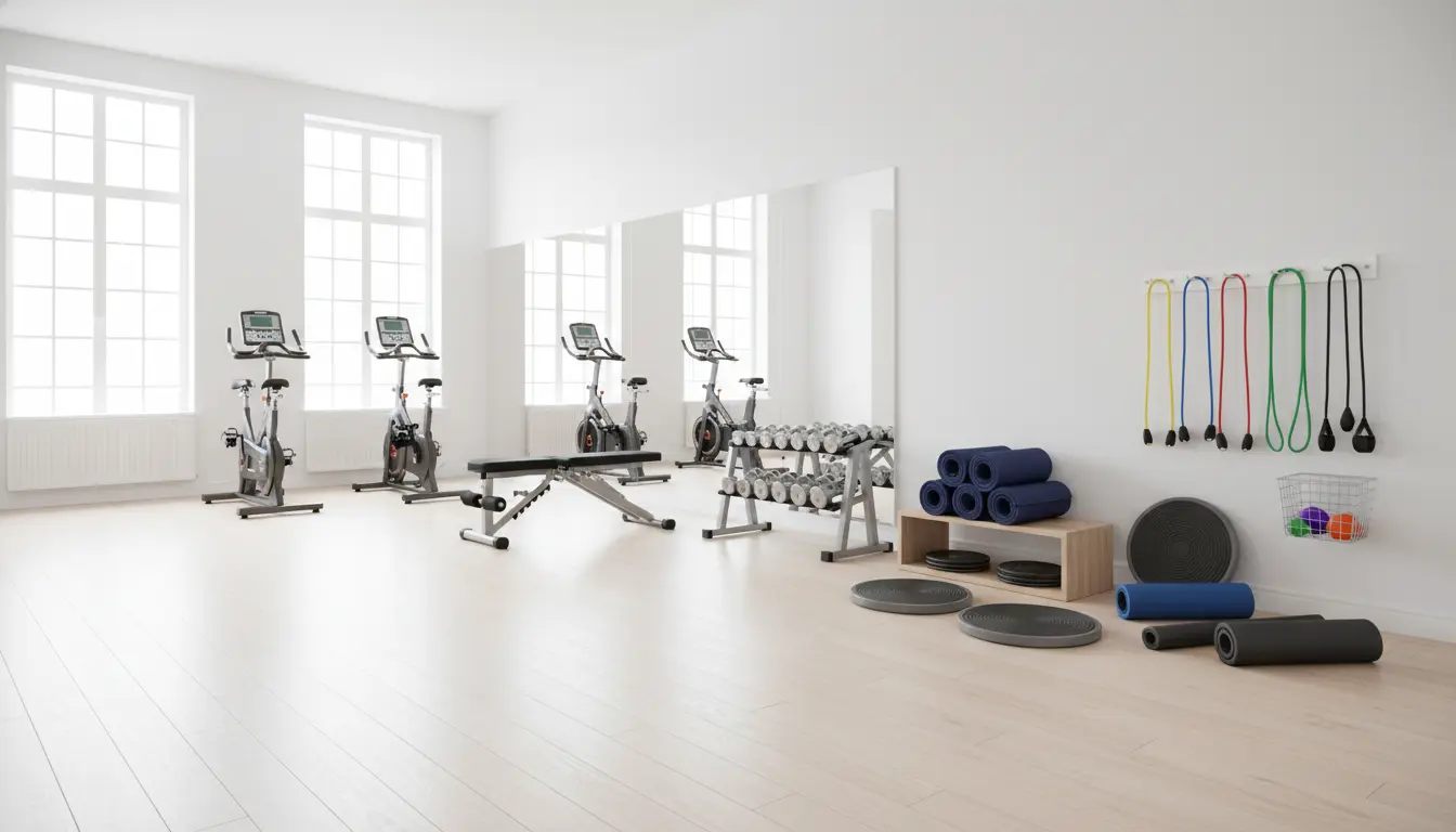 fitnessfloor-blog917308 Fitnessstudio mit Ergometern, Hanteln und Yogamatten.