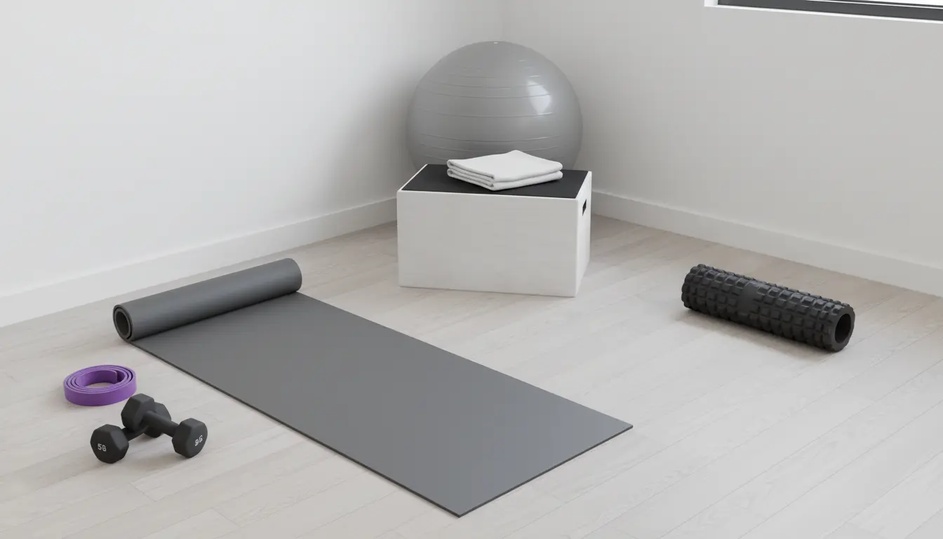 fitnessfloor-blog956391: Heimfitnessraum mit Matte, Fitnessball und Hanteln.