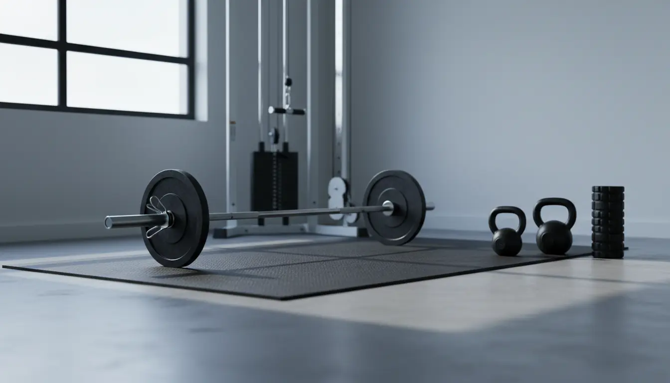 Fitnessstudio-Setup mit Langhantel, Kettlebells und Matte.