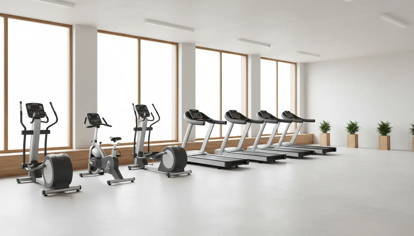 fitnessfloor-blog365573 Fitnessstudio: Cardio-Geräte vor großen Fenstern.