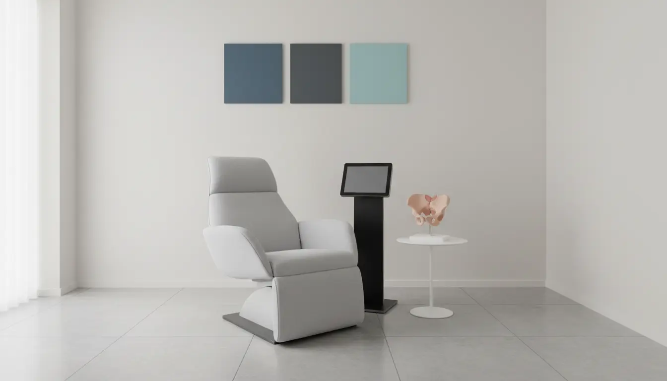 fitnessfloor-blog979953 Moderner Wartebereich mit Lounge-Sessel, Kiosk und Beckenmodell.
